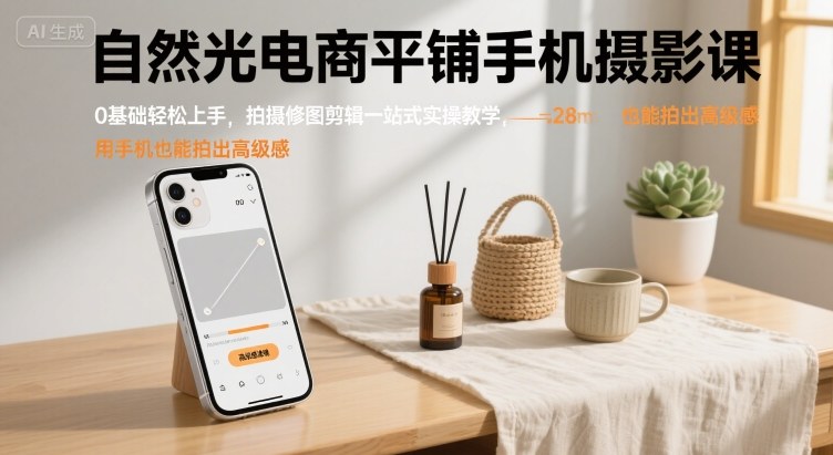 自然光电商平铺手机摄影课，0基础轻松上手，拍摄修图剪辑一站式实操教学，用手机也能拍出高级感-AI学习资源网