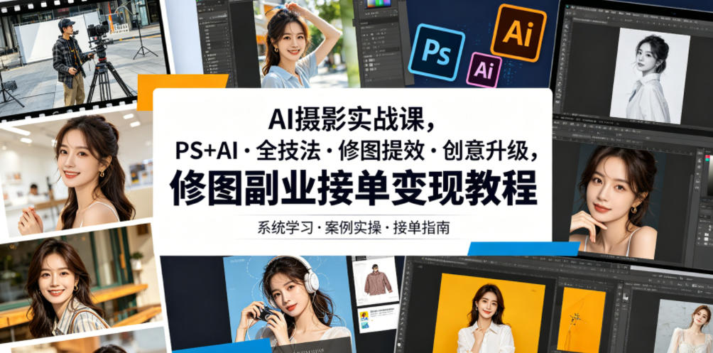 AI摄影实战课，PS+AI・全技法・修图提效・创意升级，修图副业接单变现教程-AI学习资源网