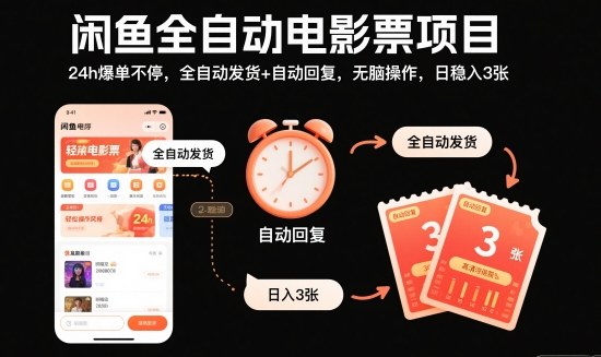 闲鱼全自动电影票项目，24h爆单不停，全自动发货+自动回复，无脑操作，日稳入3张【揭秘】-AI学习资源网