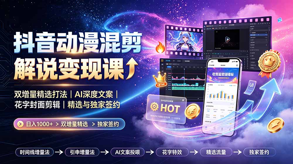 抖音动漫混剪解说变现课：双增量精选打法｜AI深度文案｜花字封面剪辑｜ 精选与独家签约日入1000+-AI学习资源网