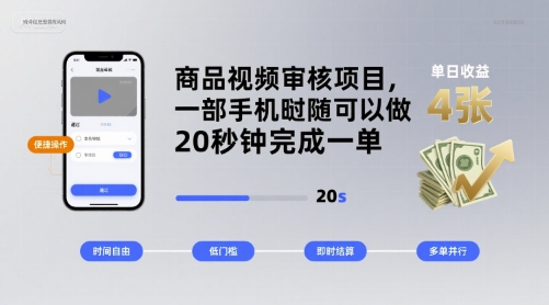 商品视频审核项目，一部手机随时随地都可以做，20秒钟完成一单，单日收益 4张【揭秘】-AI学习资源网