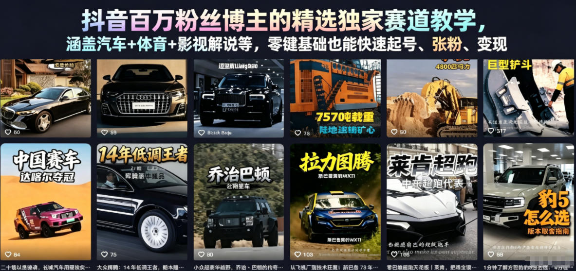 抖音百万粉丝博主的精选独家赛道教学,涵盖汽车+体育+影视解说等,零基础也能快速起号、涨粉、变现-AI学习资源网
