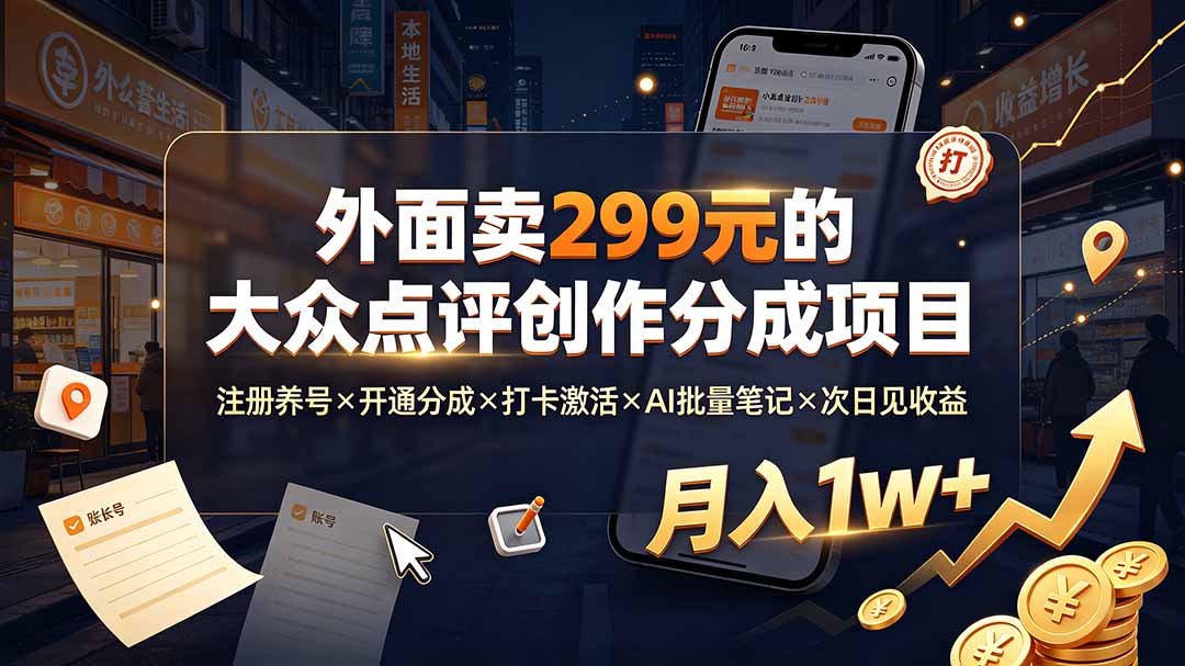 外面卖299元的大众点评创作分成项目：注册养号×开通分成×打卡激活×AI批量笔记×次日见收益，月入1w+-AI学习资源网