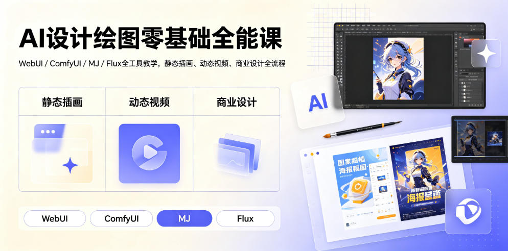 AI设计绘图零基础全能课|WebUI/ComfyUI/MJ/Flux全工具教学,静态插画、动态视频、商业设计全流程-AI学习资源网