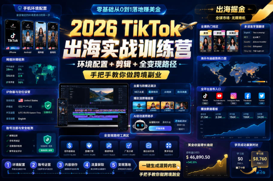 2026 TikTok出海实战训练营，环境配置 + 剪辑 + 全变现路径，手把手教你做跨境副业-AI学习资源网