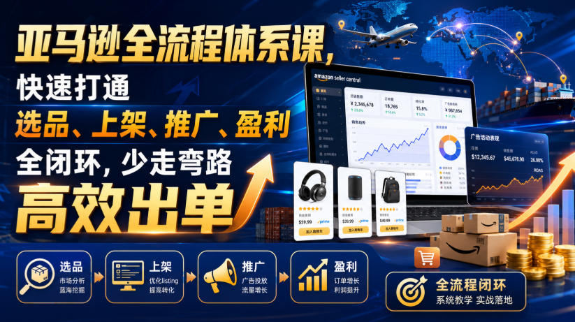 亚马逊全流程体系课,快速打通选品、上架、推广、盈利全闭环,少走弯路高效出单-AI学习资源网