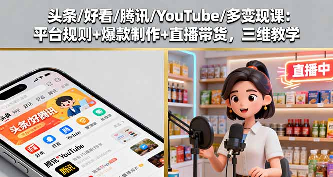 头条/好看/腾讯/YouTube/多变现课：平台规则+爆款制作+直播带货，三维教学-AI学习资源网