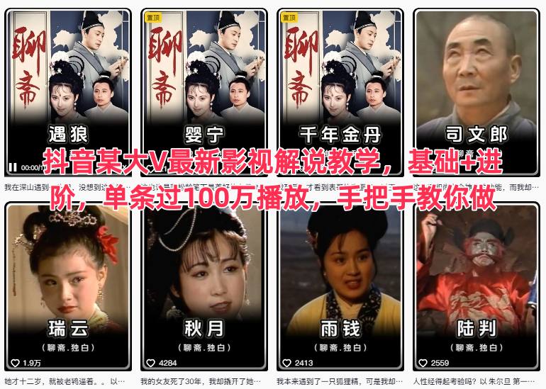 抖音某大V最新影视解说教学,基础+进阶,单条过100万播放,手把手教你做-AI学习资源网