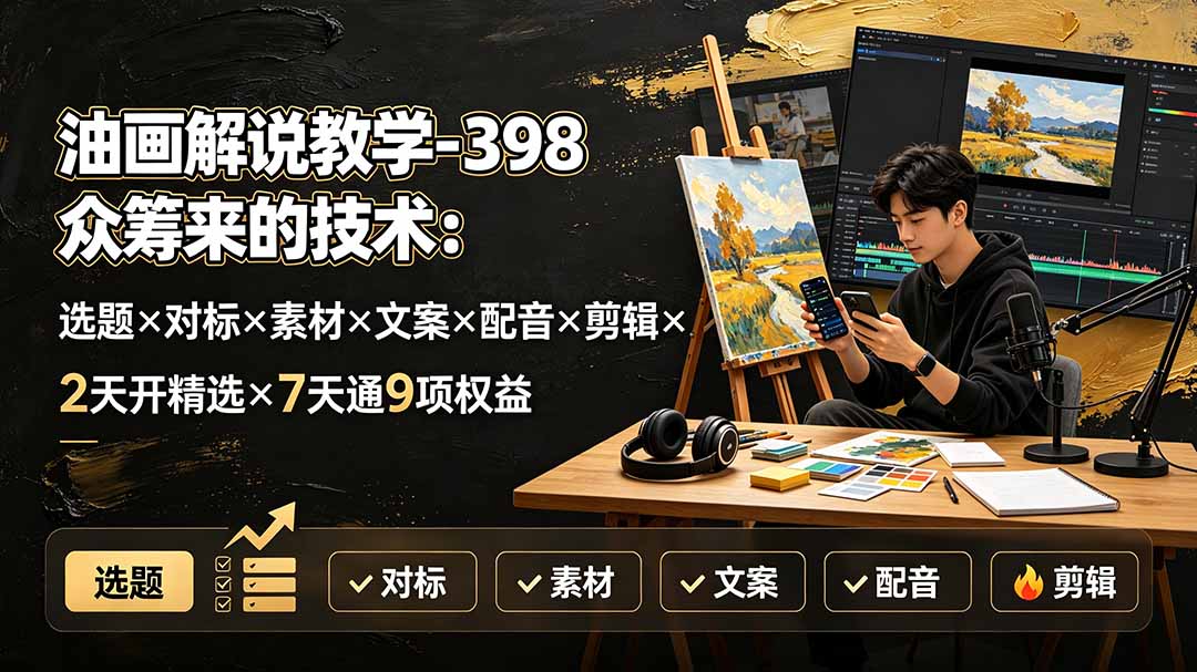 油画解说教学-398众筹来的技术:选题×对标×素材×文案×配音×剪辑×2天开精选×7天通9项权益-AI学习资源网