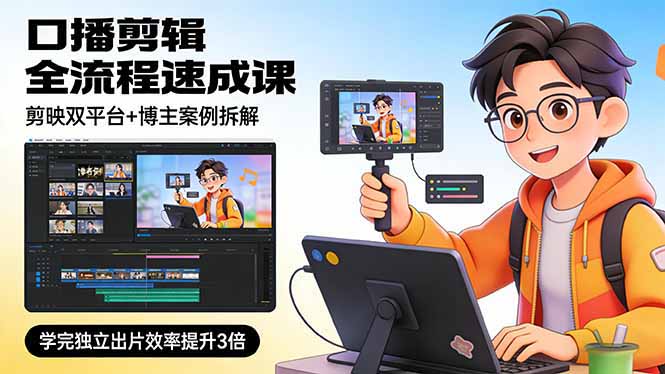 口播剪辑全流程速成课,剪映双平台+博主案例拆解,学完独立出片效率提升3倍-AI学习资源网