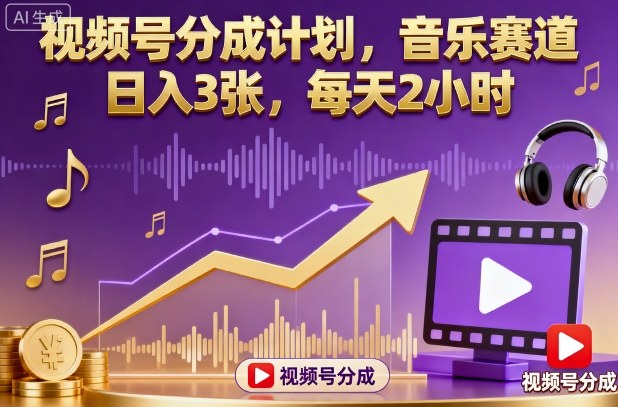 视频号分成计划，音乐赛道，日入3张，每天2小时-AI学习资源网