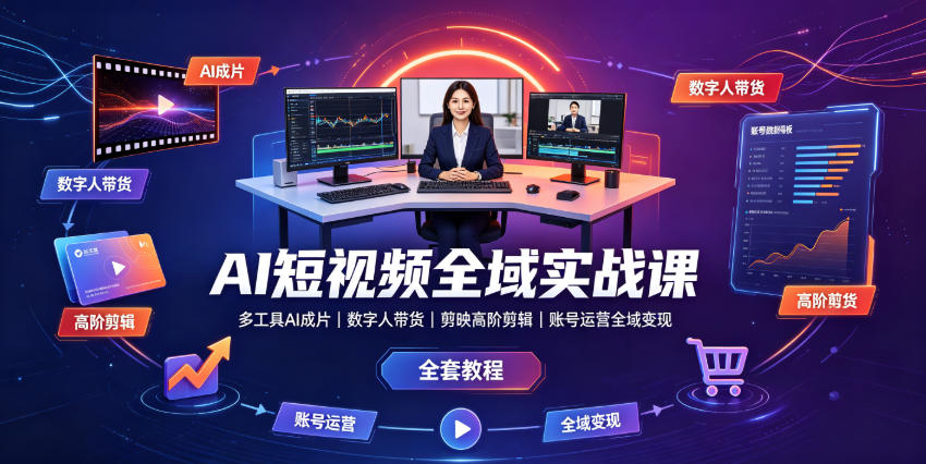 AI短视频全域实战课|多工具AI成片、数字人带货、剪映高阶剪辑、账号运营全域变现全套教程-AI学习资源网
