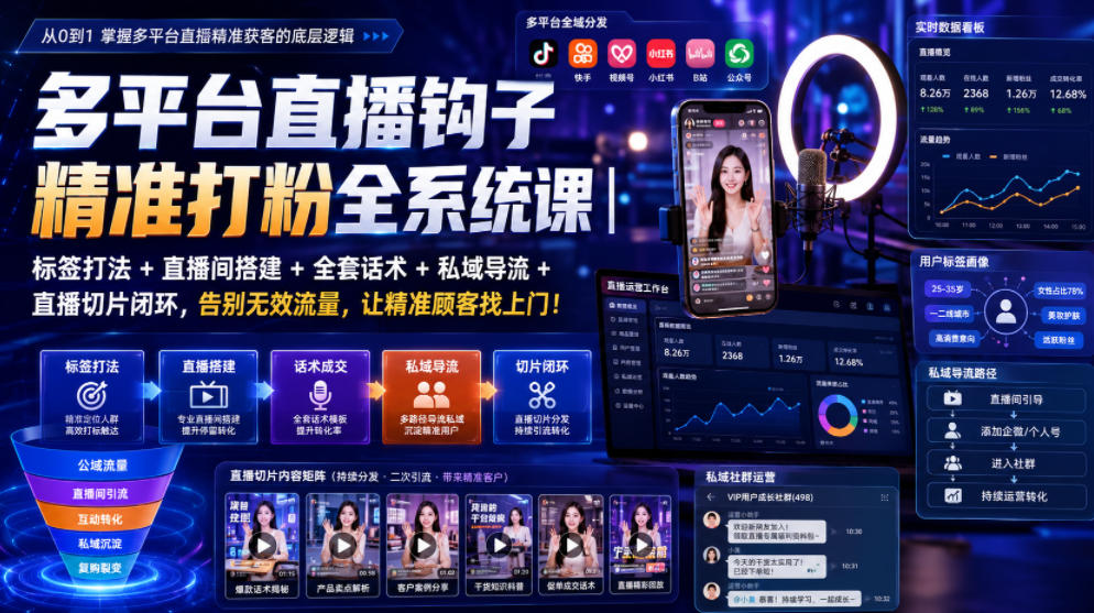 多平台直播钩子精准打粉全系统课|标签打法+直播间搭建+全套话术+私域导流+直播切片闭环,告别无效流量,让精准顾客找上门!-AI学习资源网