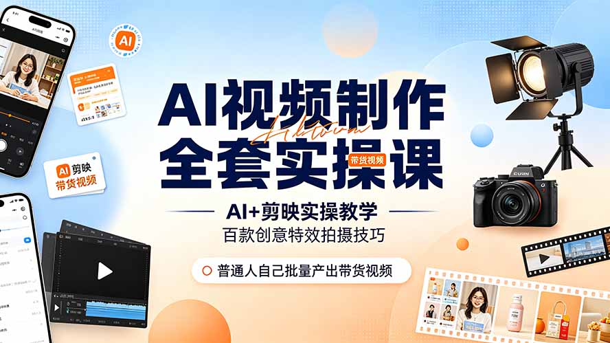 AI视频制作全套实操课,多款AI工具搭配剪映教学,百种特效运镜拍摄实操,抖音账号带货运营全覆盖-AI学习资源网