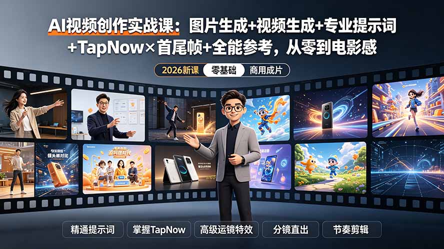 AI视频创作实战课:图片生成+视频生成+专业提示词+TapNow×首尾帧+全能参考,从零到电影感成片-AI学习资源网