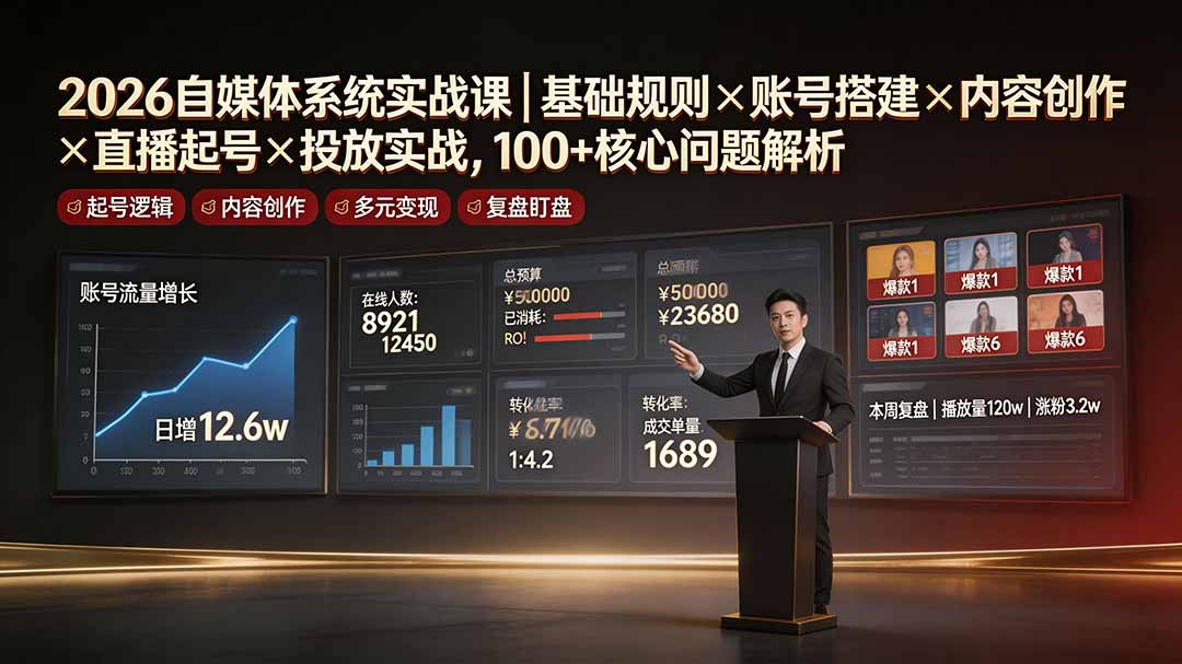 2026自媒体系统实战课｜基础规则×账号搭建×内容创作×直播起号×投放实战，100+核心问题解析-AI学习资源网