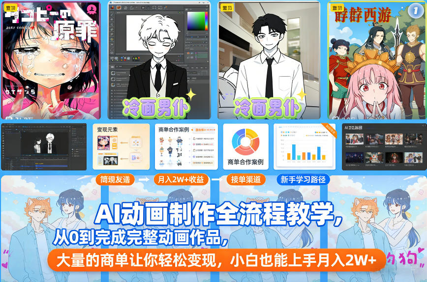 AI动画制作全流程教学，从0到完成完整动画作品，大量的商单让你轻松变现，小白也能上手月入2W+-AI学习资源网