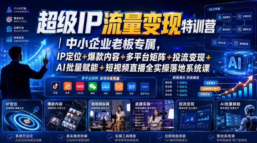 超级IP流量变现特训营｜中小企业老板专属，IP定位+爆款内容+多平台矩阵+投流变现+AI批量赋能+短视频直播全实操落地系统课-AI学习资源网