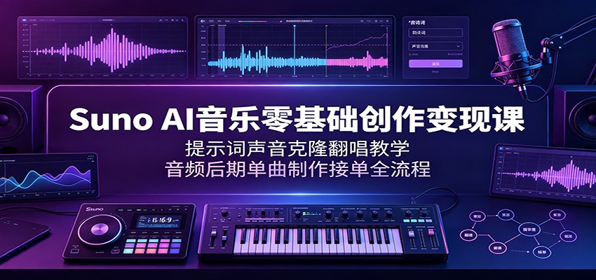 Suno AI音乐零基础创作变现课：提示词声音克隆翻唱教学，音频后期单曲制作接单全流程-AI学习资源网