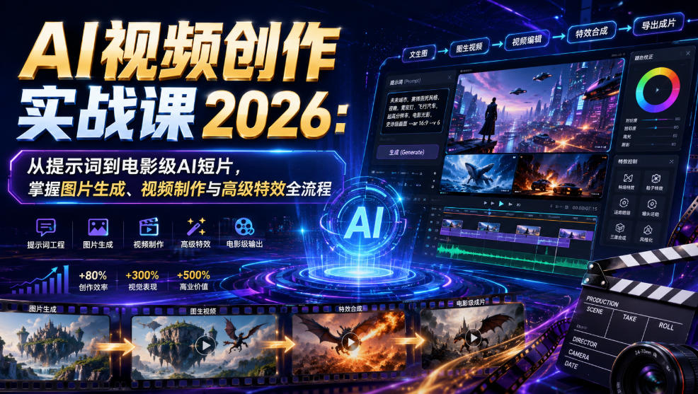 AI视频创作实战课2026:从提示词到电影级AI短片,掌握图片生成、视频制作与高级特效全流程-AI学习资源网