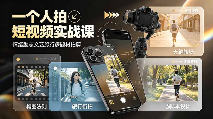 一个人拍短视频实战课：情绪励志文艺旅行多题材×五大景别×黄金构图×八大运镜，从拍摄到成片高效创作-AI学习资源网