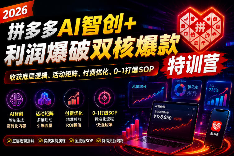2026拼多多AI智创+利润爆破双核爆款特训营，收获底层逻辑、活动矩阵、付费优化、0-1打爆SOP-AI学习资源网