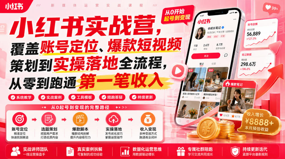 小红书实战营，覆盖账号定位、爆款短视频策划到实操落地全流程，从零到跑通第一笔收入-AI学习资源网