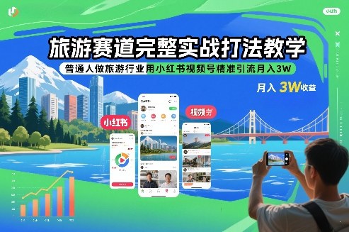 旅游赛道完整实战打法教学，普通人做旅游行业用小红书视频号精准引流月入3W-AI学习资源网