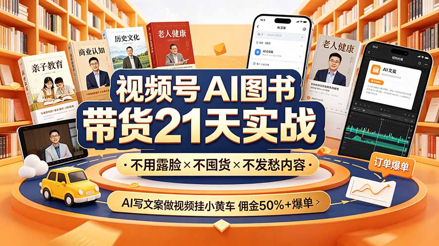 视频号AI图书带货21天实战：不用露脸×不囤货×不发愁内容，AI写文案做视频挂小黄车，佣金50%+爆单-AI学习资源网