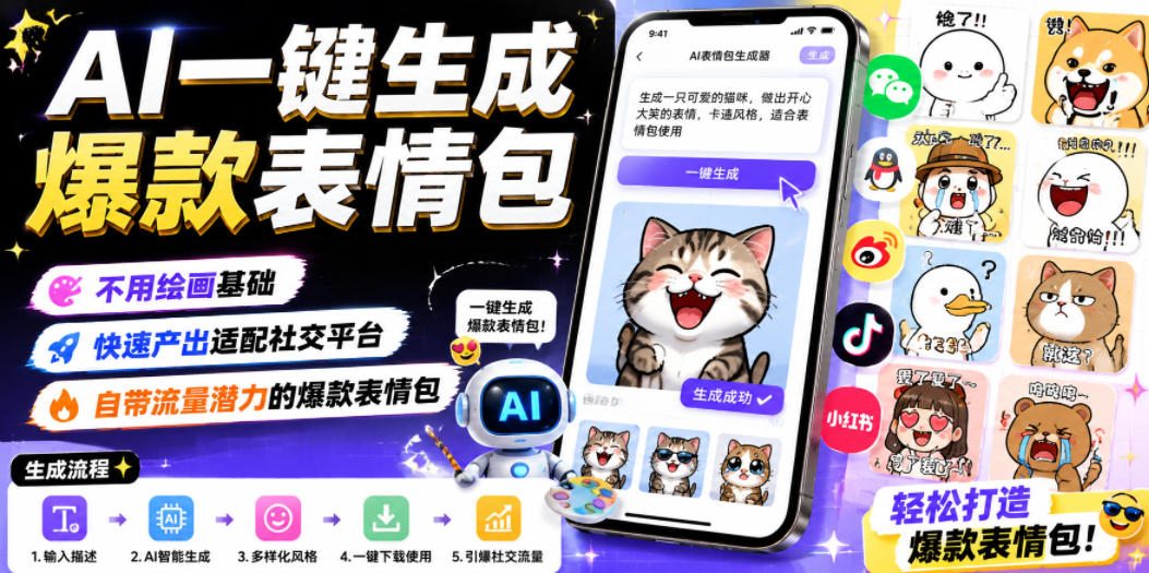 AI一键生成爆款表情包,不用绘画基础,快速产出适配社交平台,自带流量潜力的爆款表情包-AI学习资源网