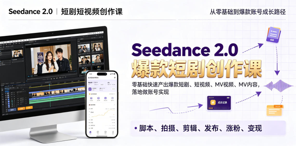 Seedance 2.0短剧短视频创作课，零基础快速产出爆款短剧、短视频、MV内容，落地做账号实现变现-AI学习资源网