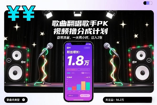 歌曲翻唱歌手PK视频撸分成计划，自带流量，一天两小时，日入2张-AI学习资源网