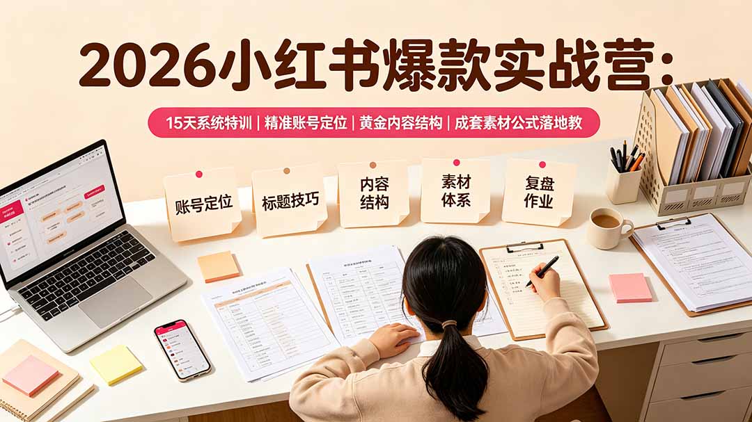 2026小红书爆款实战营：15天系统特训｜精准账号定位｜黄金内容结构｜成套素材公式落地教程-AI学习资源网