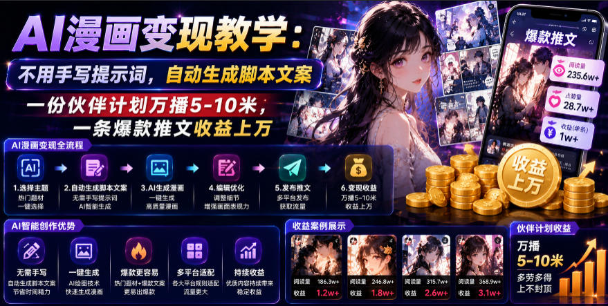 AI漫画变现教学：不用手写提示词，自动生成脚本文案，一份伙伴计划万播5-10米，一条爆款推文收益上W-AI学习资源网