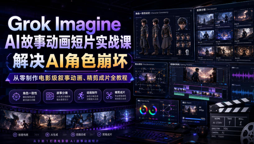 Grok Imagine AI故事动画短片实战课｜解决AI角色崩坏，从零制作电影级叙事动画、精剪成片全教程(中英字幕)-AI学习资源网
