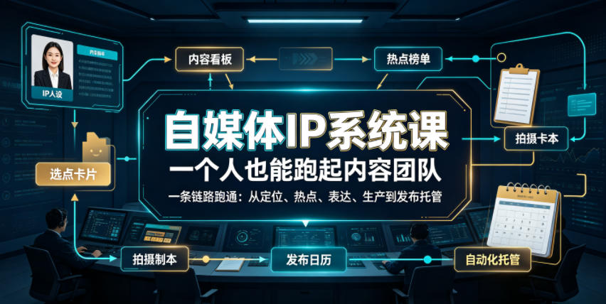 自媒体IP系统课,一个人也能跑起内容团队,一条链路跑通,从定位、热点、表达、生产到发布托管-AI学习资源网