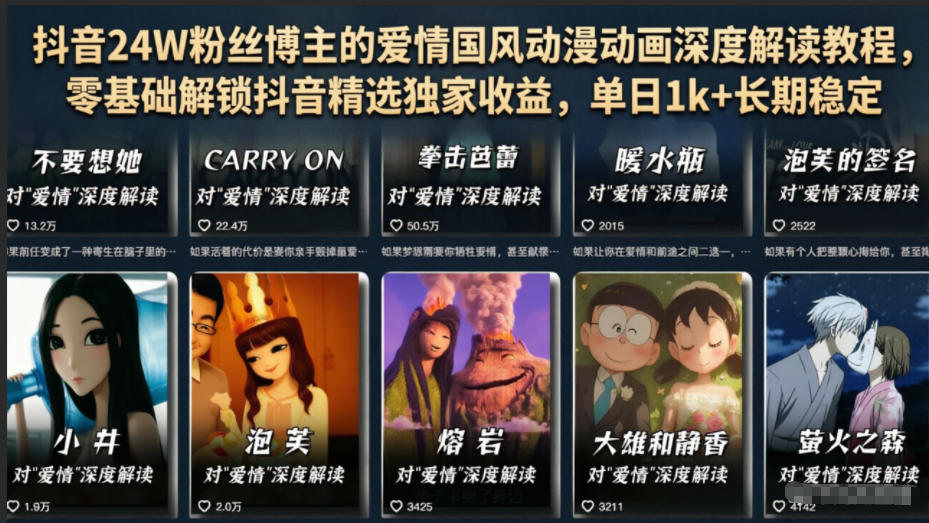 抖音24W粉丝博主的爱情国风动漫动画深度解读教程，零基础解锁抖音精选独家收益，单日1k+长期稳定-AI学习资源网