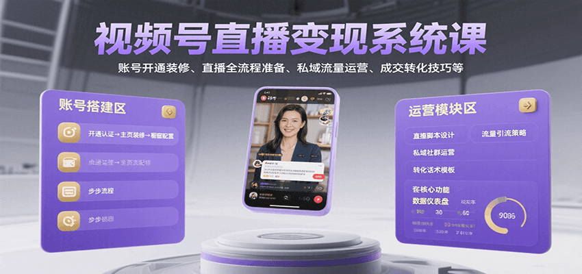 视频号直播变现系统课，账号开通装修、直播全流程准备、私域流量运营、成交转化技巧等-AI学习资源网