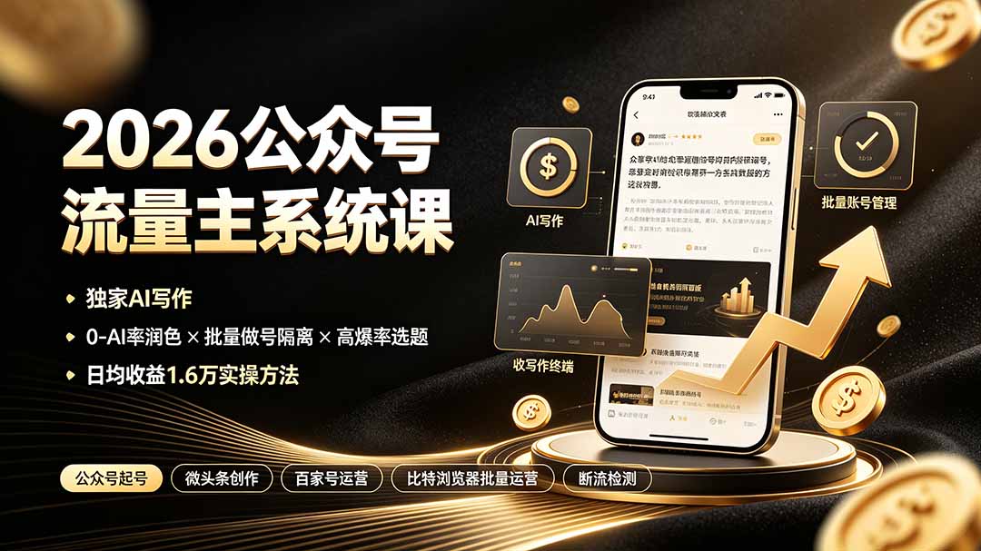 2026公众号流量主系统课:独家AI写作×0-AI率润色×批量做号隔离×高爆率选题,日均收益1.6万实操方法-AI学习资源网