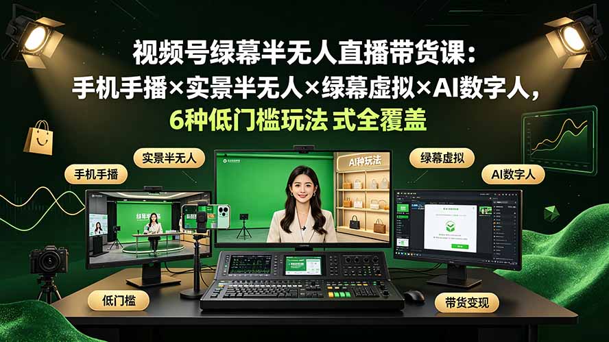 视频号绿幕半无人直播带货课:手机手播×实景半无人×绿幕虚拟×AI数字人,6种低门槛玩法全覆盖-AI学习资源网