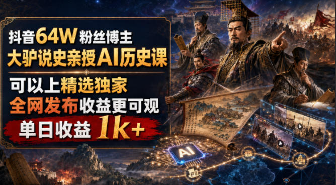 抖音64W粉丝博主大驴说史亲授AI历史课，可以上精选独家，全网发布收益更可观，单日收益1k+-AI学习资源网