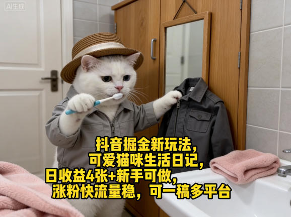 抖音掘金新玩法，可爱猫咪生活日记，日收益4张+新手可做，涨粉快流量稳，可一稿多平台-AI学习资源网