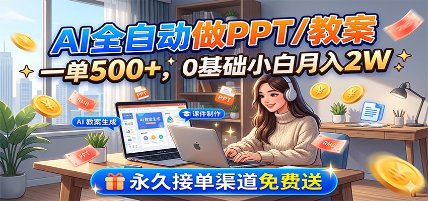 AI全自动做PPT/教案，一单500+，0基础小白月入2W，永久接单渠道免费送-AI学习资源网