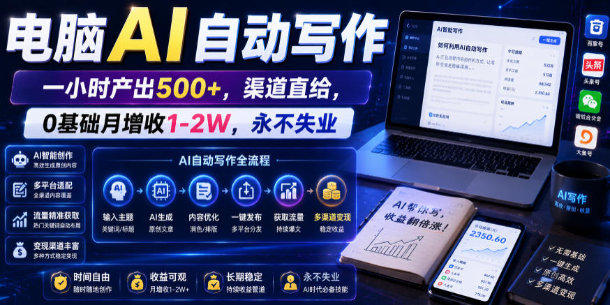 电脑AI自动写作，一小时产出500+，渠道直给，0基础月增收1-2W，永不失业【揭秘】-AI学习资源网