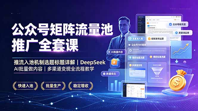 公众号矩阵流量池推广全套课，推流入池机制选题标题详解，DeepSeek AI批量做内容，多渠道变现全流程教学-AI学习资源网