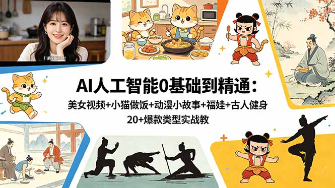 AI人工智能0基础到精通:美女视频+小猫做饭+动漫小故事+福娃+古人健身,20+爆款类型实战教学-AI学习资源网