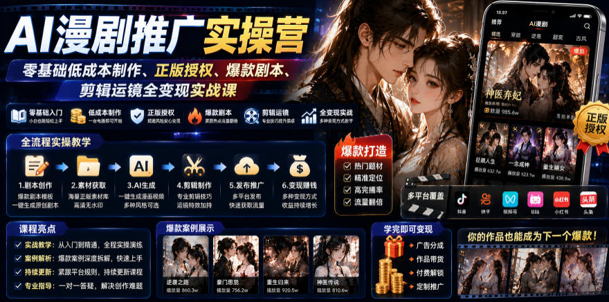 AI漫剧推广实操营|零基础低成本制作、正版授权、爆款剧本、剪辑运镜全变现实战课-AI学习资源网