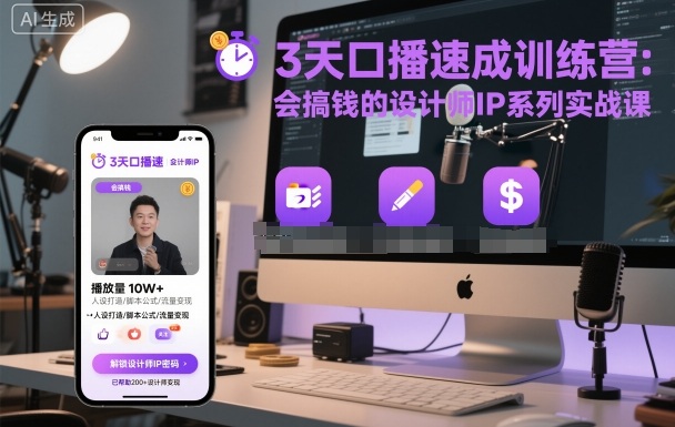 3天口播速成训练营，会搞钱的设计师IP系列实战课-AI学习资源网
