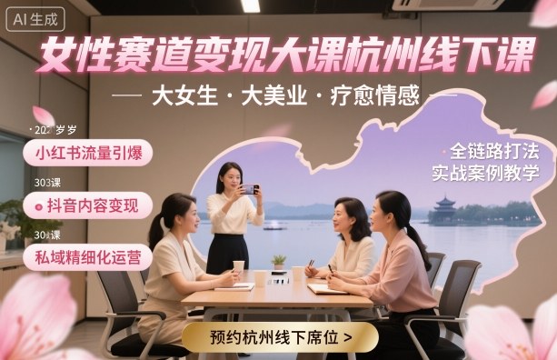 女性赛道变现大课杭州线下，大女生，大美业，疗愈情感，一套小红书、抖音、私域全链路打法-AI学习资源网