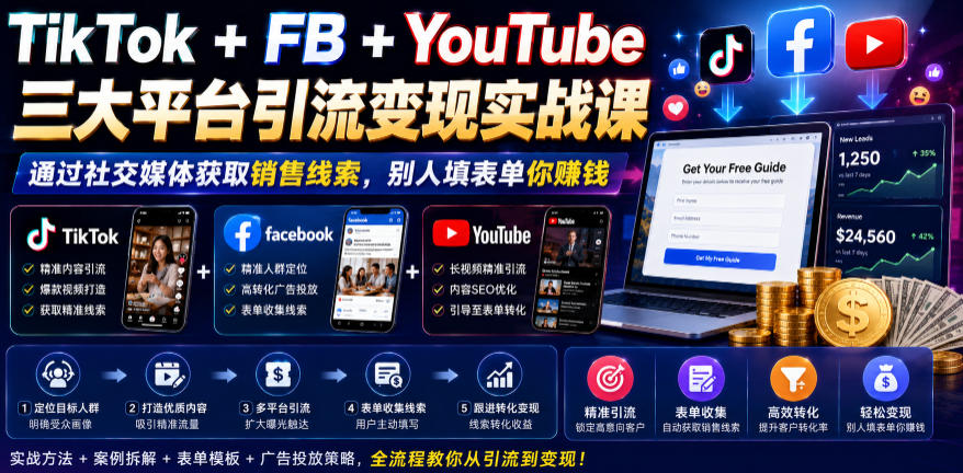 TikTok+FB+YouTube三大平台引流变现实战课，通过社交媒体获取销售线索，别人填表单你賺钱【原创双语字幕】-AI学习资源网